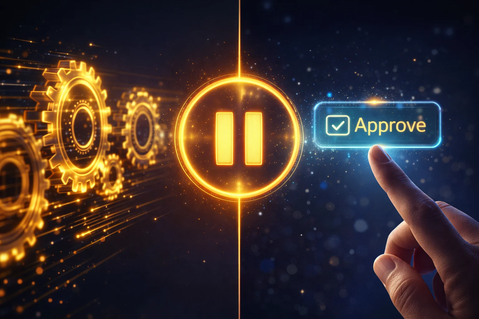 Split 3D illustration with fast-moving golden digital gears on the left and a human finger about to tap a glowing blue “Approve” button on the right. In the center, a bright pause symbol glows, separating automation from human decision-making. The design uses deep blue and gold tones to represent value, trust, and controlled automation.