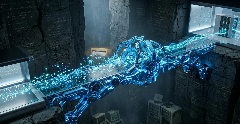 A professional 3D render of a glowing blue mechanical bridge representing RPA spanning across a dark stone canyon of legacy software to transport modern digital data.