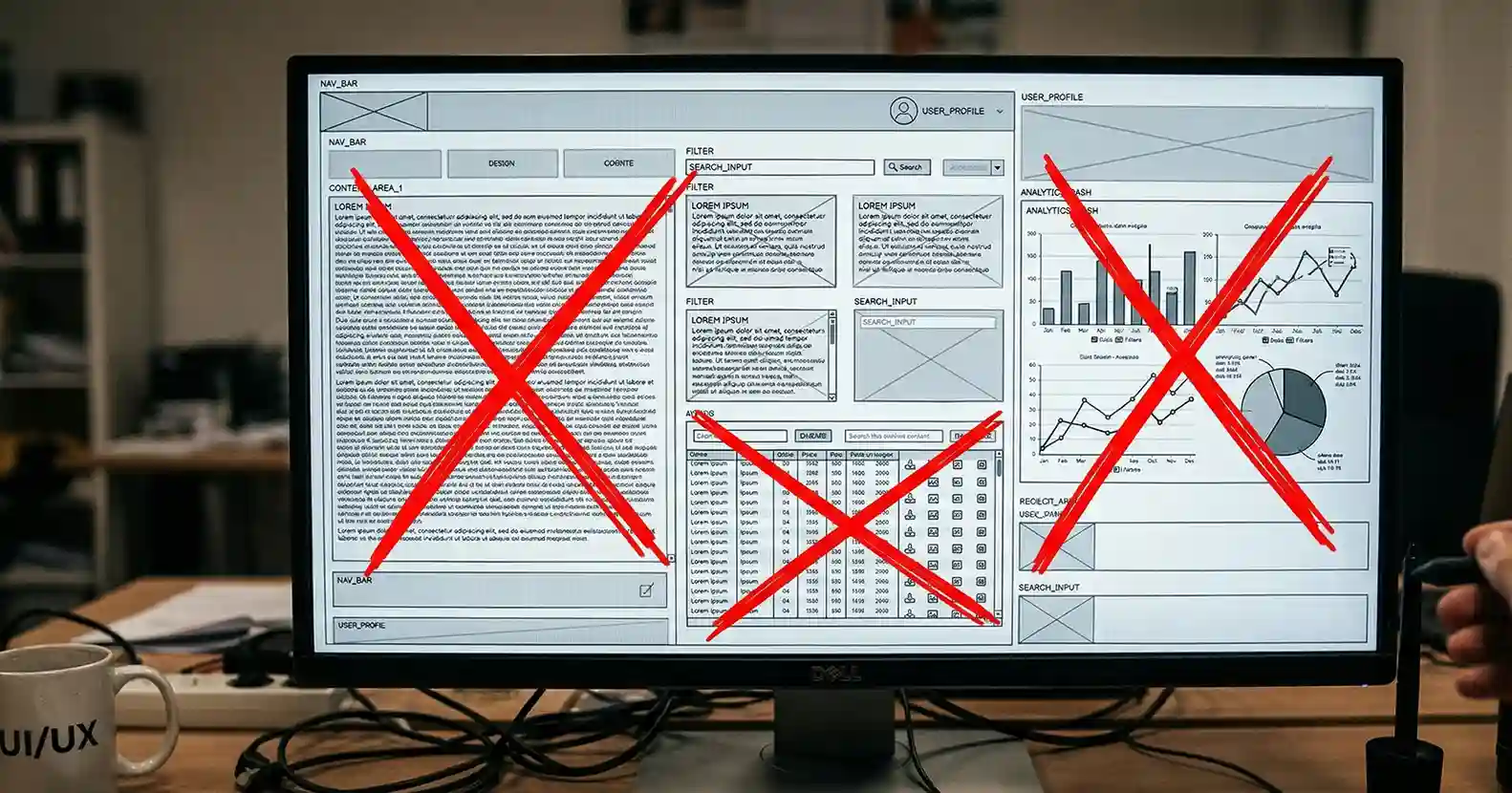 A computer monitor displaying a cluttered and chaotic website wireframe. The interface is overwhelmed with dense blocks of Lorem Ipsum text, complex data tables, and crowded bar charts. Large, bright red "X" marks are drawn over the most congested sections, indicating poor user experience and design flaws that need removal or simplification.