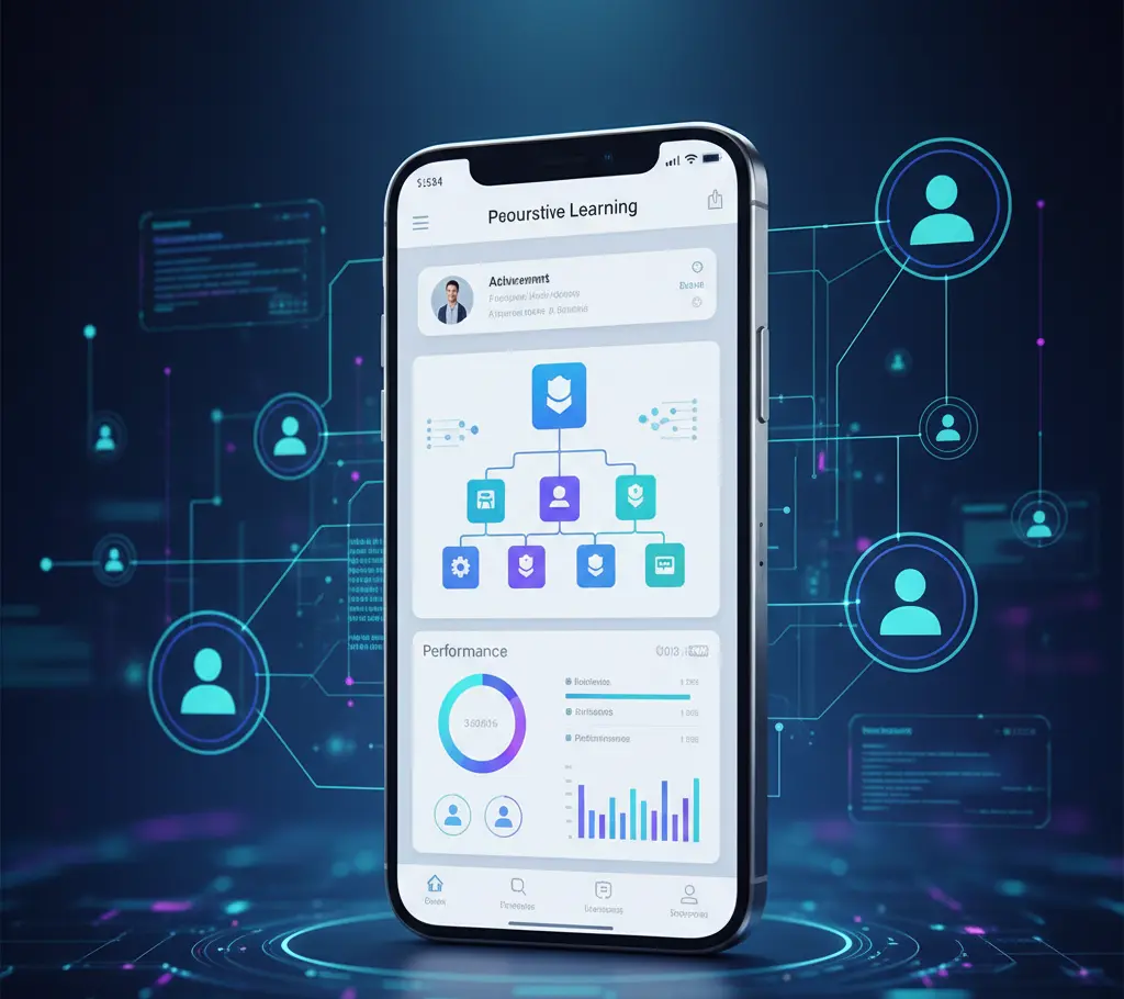 A premium smartphone mockup featuring a complex learning dashboard surrounded by glowing holographic user nodes and data streams.