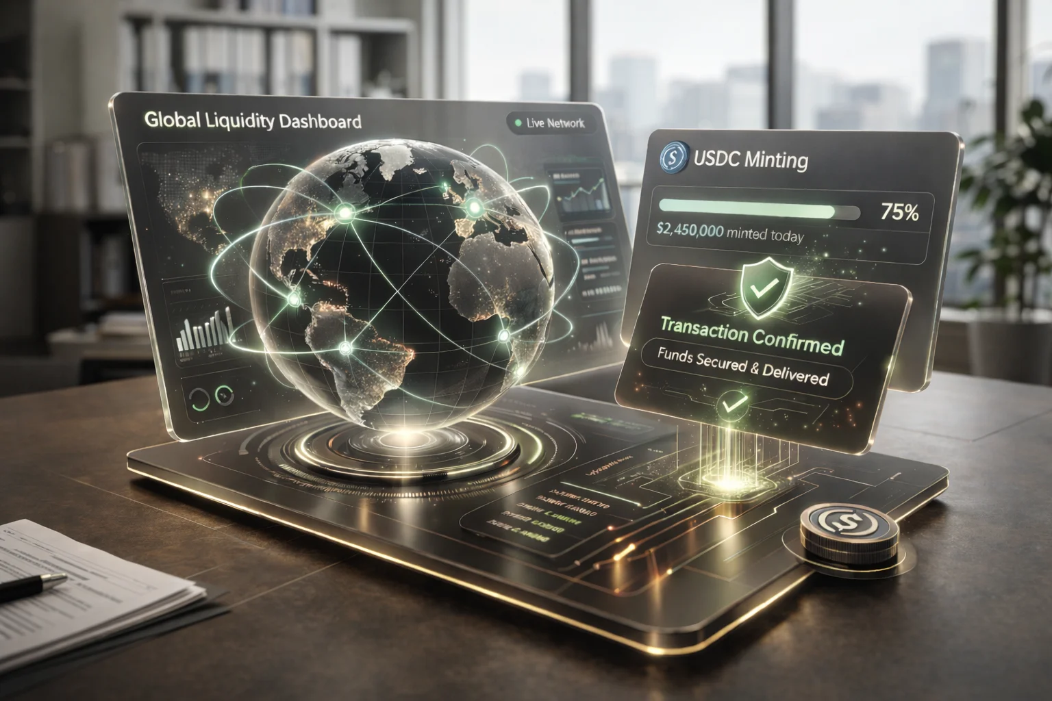 3D isometric mockup of a Global Liquidity Dashboard displayed on sleek glass-like screens in a modern office. One screen shows a rotating globe with connected international banking hubs, while the other displays a USDC minting progress bar and a transaction confirmation with a green shield icon. The scene features natural lighting, warm tones, and a professional fintech workspace environment.