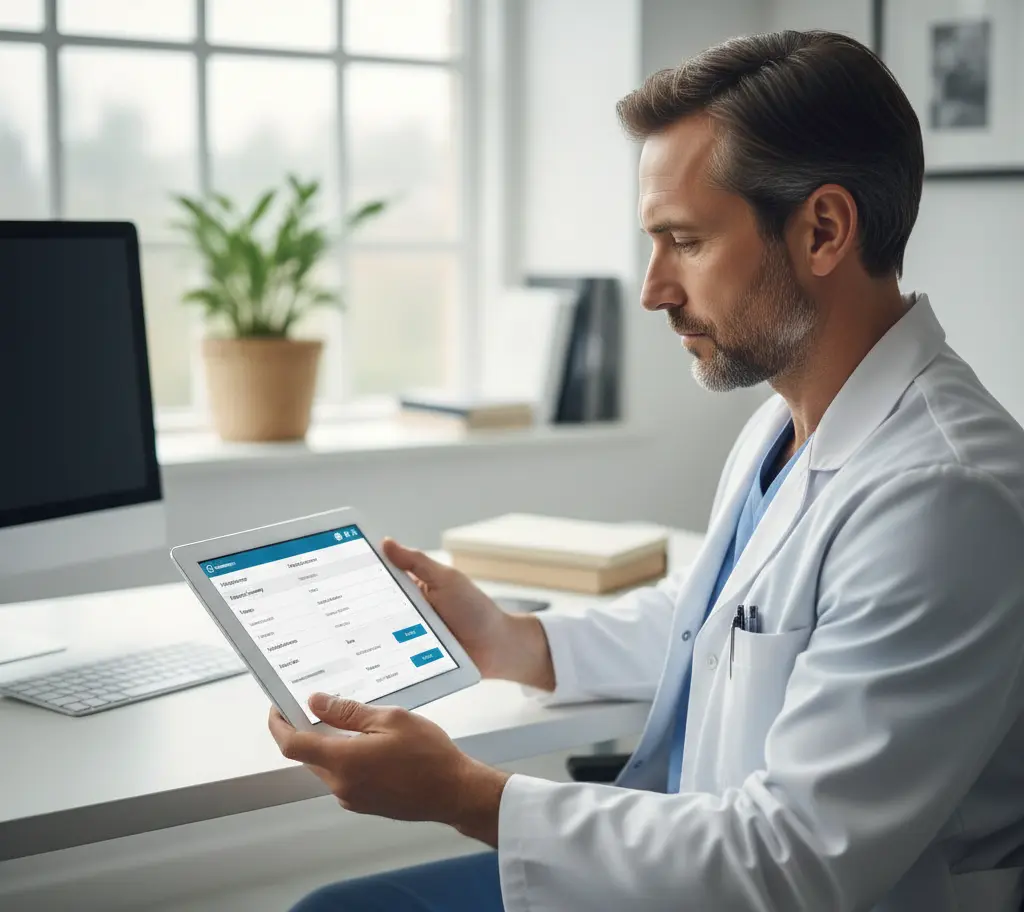 A male doctor in a white coat and blue scrubs sitting at a desk and reviewing a digital medical dashboard on a tablet in a bright office.