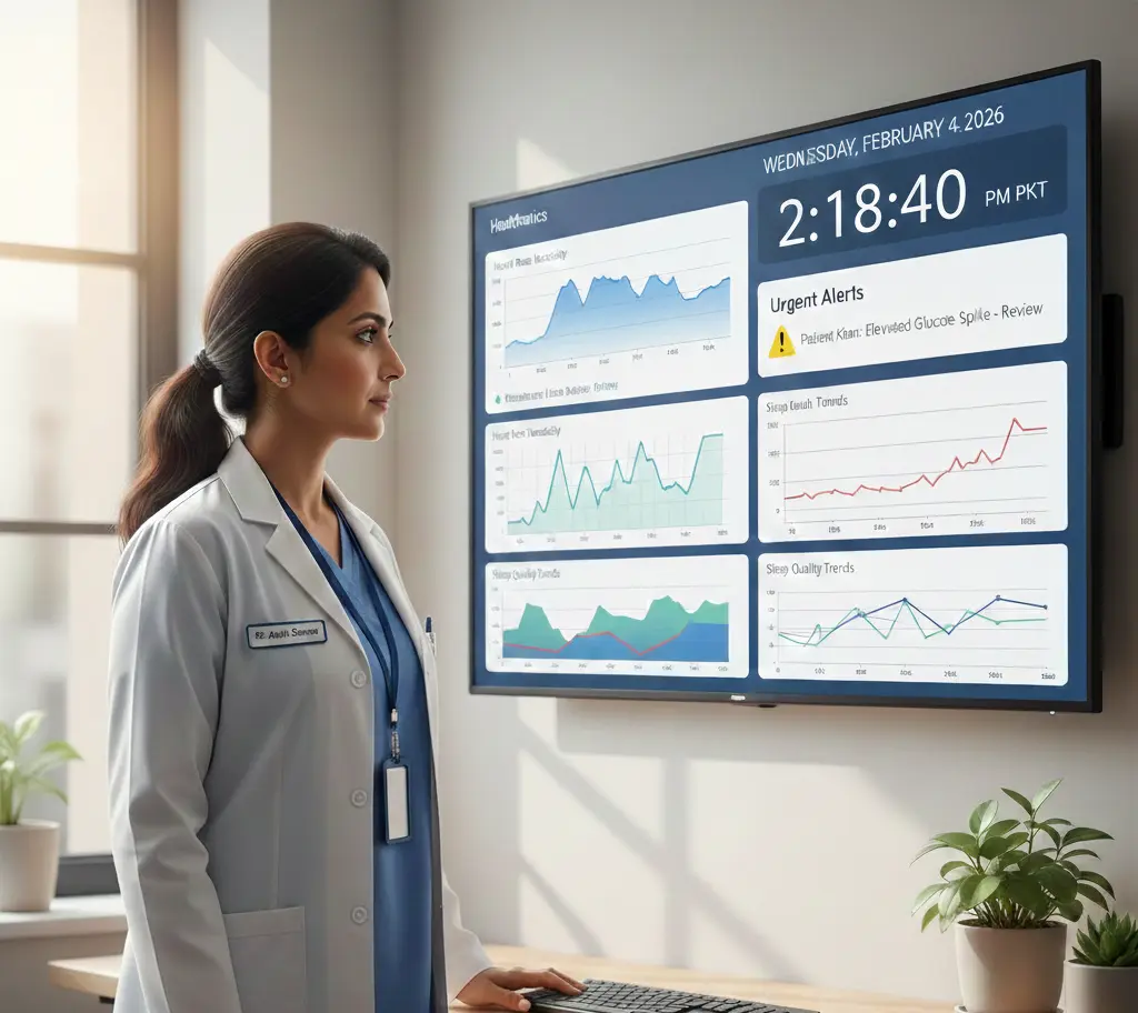 A doctor in a white coat observing patient data and trend charts on a large wall-mounted screen.