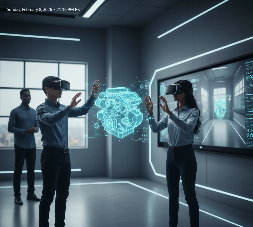 A diverse team of professionals utilizing AR/VR Software Solutions for Enterprise in a minimalist XR lab, interacting with a floating 3D hologram of an engine via gesture control and a large wall-mounted monitor.