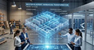 A professional 3D visual of a "Master Blueprint" being analyzed by a diverse group of four engineers in a high-tech facility. A large, horizontal touchscreen table projects a glowing, translucent 3D architectural plan of a warehouse into the air. The holographic blueprint is detailed with blue data points and labels like "Optimized Planning," "Autonomous Storage Zones," and "AI Logistics Hub." In the background, a large industrial warehouse is undergoing a transformation, featuring visible server racks and robotic arms. The scene is bright and cinematic, symbolizing futuristic planning, security, and industrial evolution.