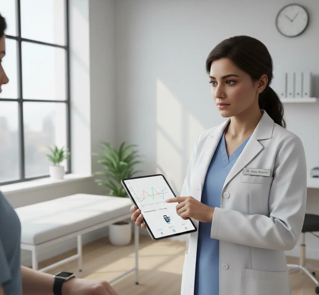 ai powered virtual health assistant professional in a clinic showing a patient real-time health charts on a tablet.