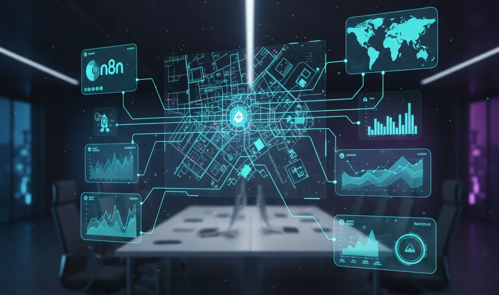 A high-tech conference room featuring a glowing holographic n8n workflow with property maps and investment data charts.