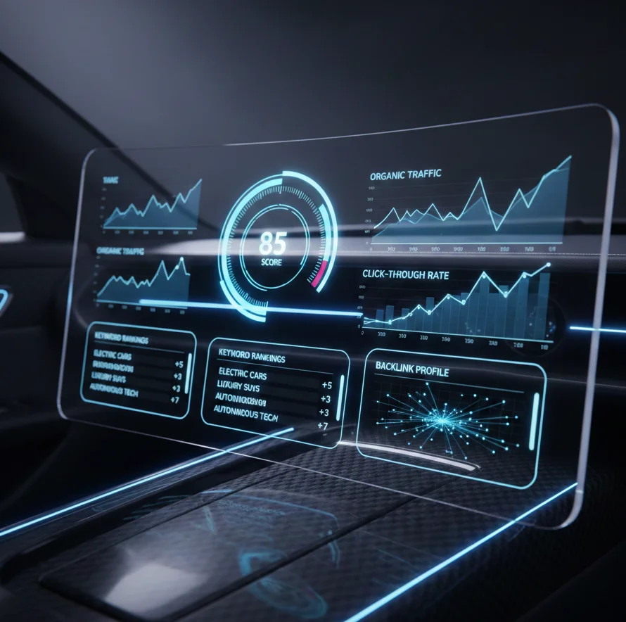 A high-tech 3D automotive dashboard interface featuring a large Authority Score dial at 85/100, glowing blue neon traffic charts, and glass-morphism style widgets in a dark, cinematic car interior.