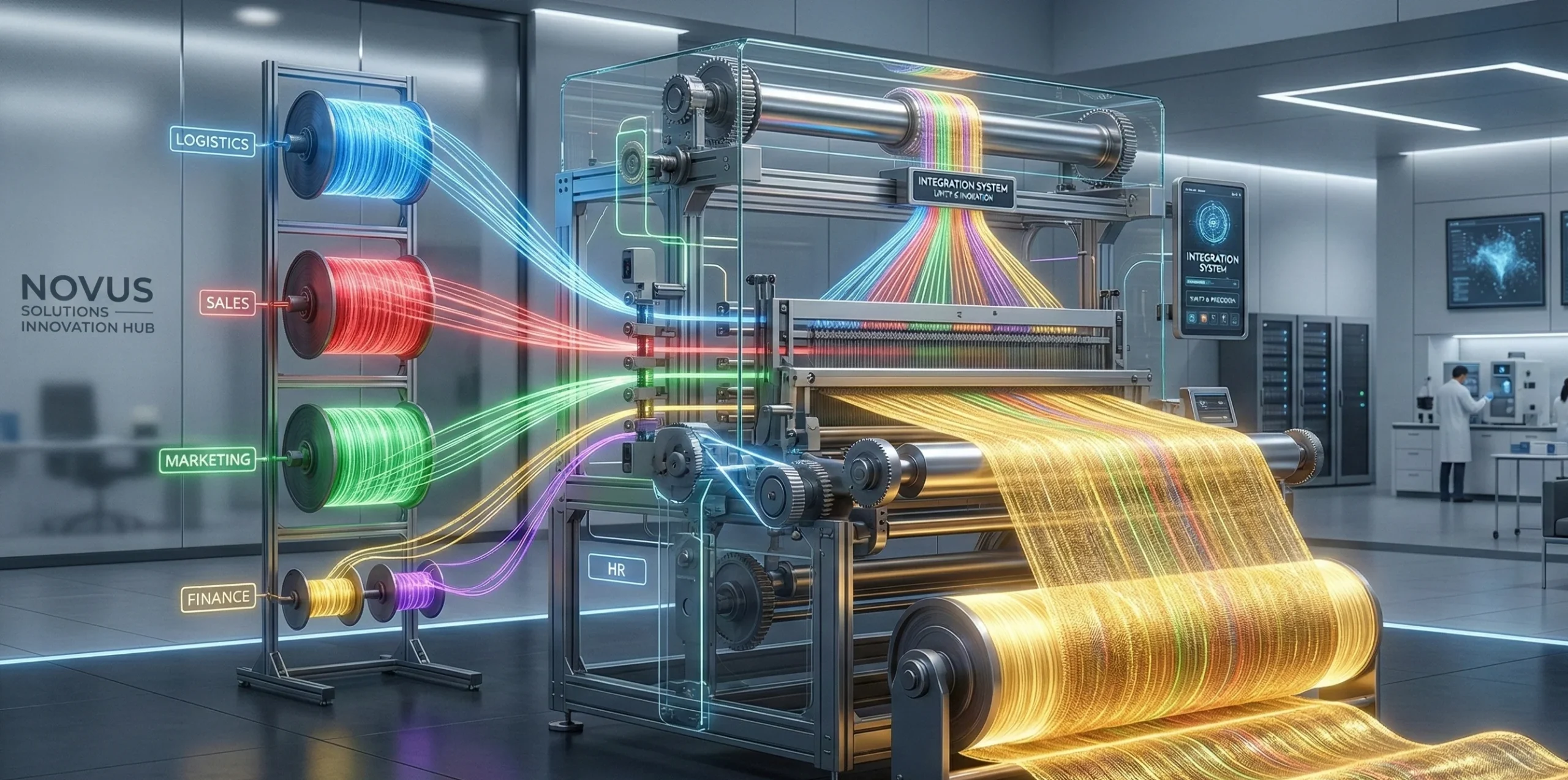 A wide, high-definition digital illustration of a large, transparent, futuristic industrial loom set within a sleek "NOVUS SOLUTIONS INNOVATION HUB" laboratory. Six large, glowing color-coded spools of filament—blue (Logistics), red (Sales), green (Marketing), cyan (IT), yellow (Finance), and orange (R&D)—feed their light-streams into a complex, gear-driven weaving mechanism. Below them, a small green compliance spool is also visible. The machine merges these colorful streams into a continuous, wide curtain of multicolored light, which is then tightly woven into a dense, glowing golden mesh fabric collected on a large, illuminated roller. Digital screens and control panels displaying network graphs are integrated into the loom. In the background, two technicians in white lab coats work at research benches, and glowing server racks line the walls. The overall color palette is dominated by cool blues and bright, diverse neon light.