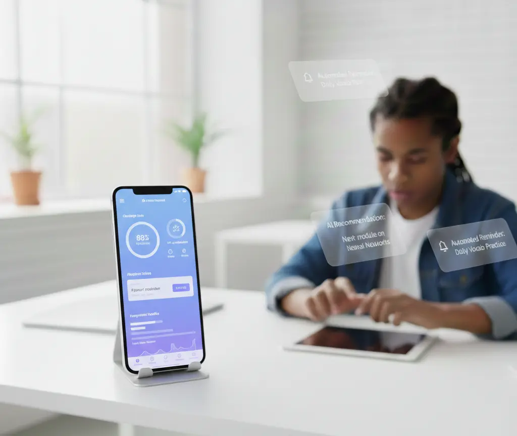 A small smartphone on a desk stand displaying a blue learning dashboard, with a student studying in the background.