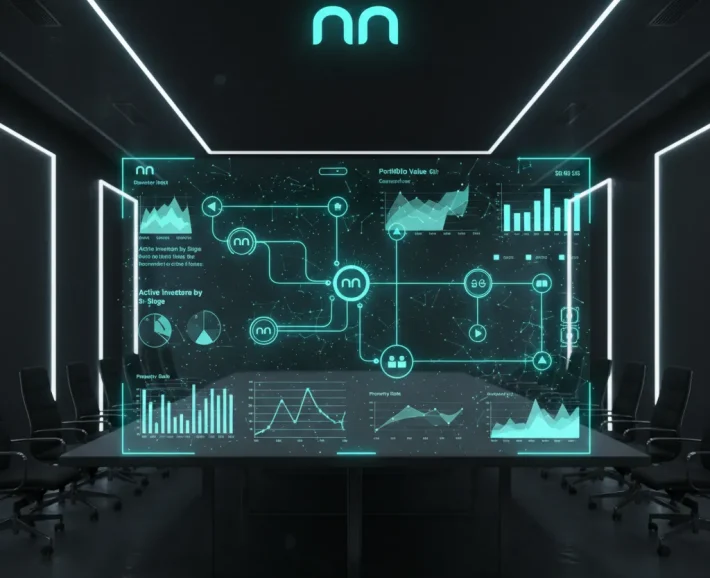 A high-tech digital display showing glowing n8n automation nodes and real estate analytics in a dark, modern corporate office.