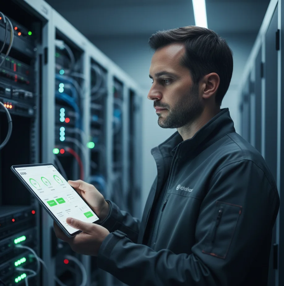 A tech expert in a modern server room calmly monitoring cloud-native infrastructure on a tablet. The tablet screen shows a GitOps dashboard with green 'healthy' status indicators. The room is filled with server racks and soft blue and white ambient lighting.