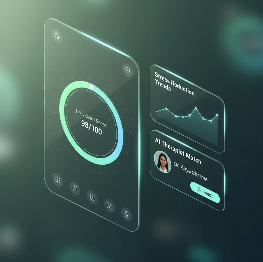 A futuristic glassmorphism UI design featuring a glowing 'Daily Calm Score' progress ring, a stress reduction trend graph, and an AI therapist match card with a translucent, layered aesthetic.