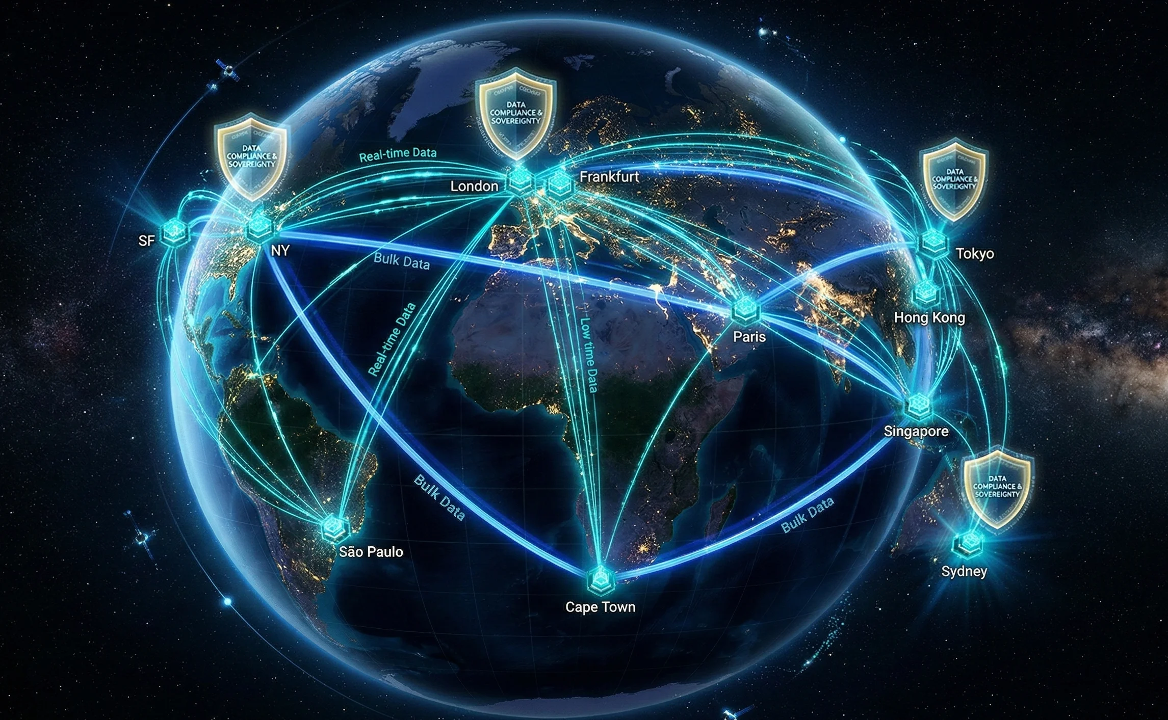 A wide-angle, high-definition digital visualization of Earth at night from space, centered on Africa and Europe, showing a glowing network of data hubs. These hubs (labeled SF, NY, London, Frankfurt, Paris, São Paulo, Cape Town, Singapore, Hong Kong, Tokyo, Sydney) are connected by illuminated lines. Specific glowing lines are labeled "Bulk Data," "Real-time Data," and "Low Latency Data," differentiating data transfer types. Prominent, shield-like holographic interfaces labeled "DATA COMPLIANCE & SOVEREIGNTY" float over key regions, including North America, Europe, Asia, and Australia, symbolizing secure, localized data centers. The planet rotates slowly against a deep space background featuring the Milky Way, distant stars, and small orbiting satellites. The aesthetic is high-tech, precise, and global, with intricate network overlays.