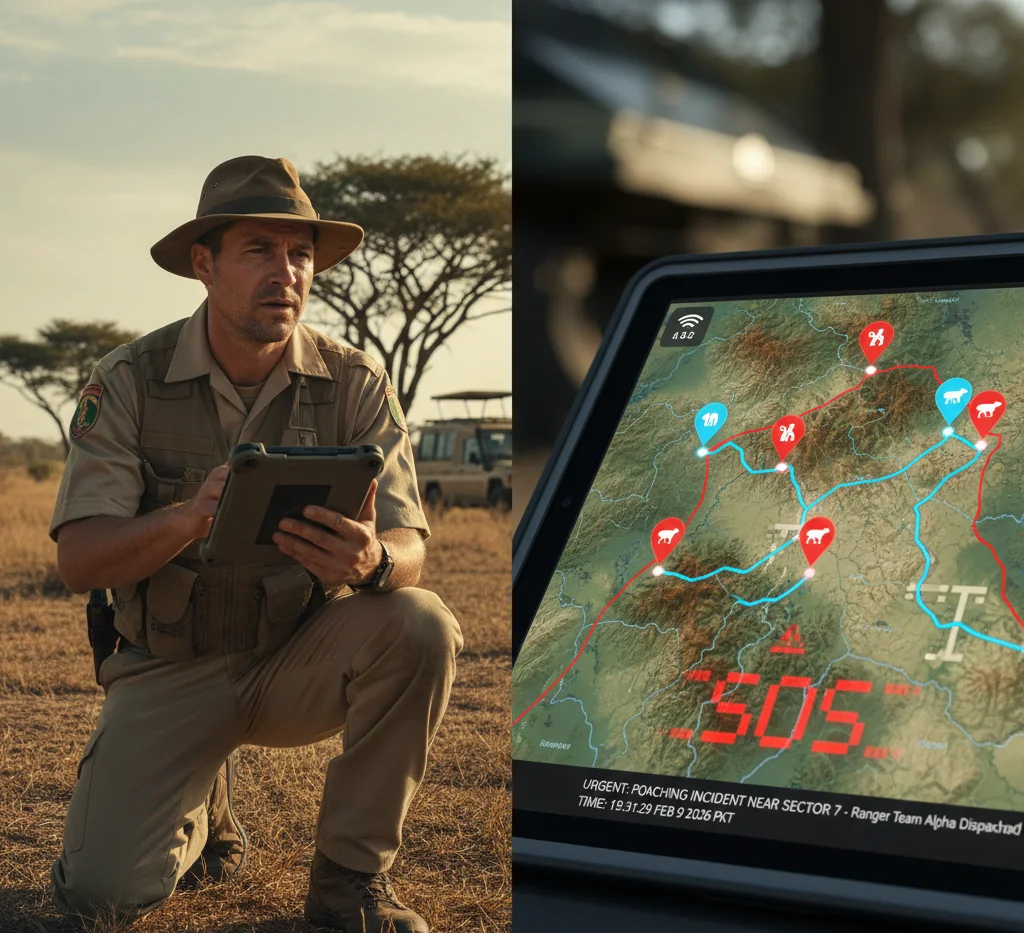 A split-screen composition. The left side shows a park ranger in rugged tan gear kneeling in a golden savanna, looking intensely at a tablet. The right side is a close-up of the tablet screen, showing a 3D topographic map with blue and red animal GPS pings. A bright red "SOS" alert flashes at the bottom, indicating a poaching incident near Sector 7.