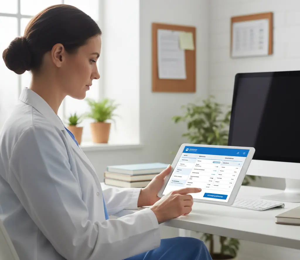 A female healthcare professional in scrubs and a white coat reviewing patient data on a tablet in a bright, modern hospital office.