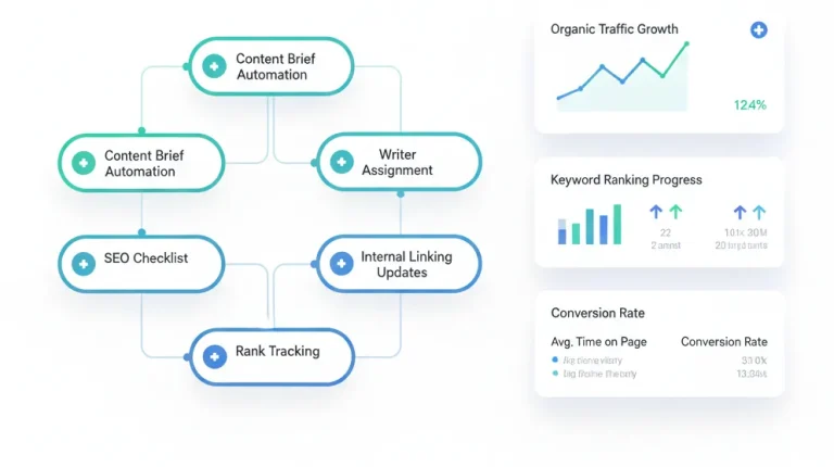 A clean B2B SaaS dashboard featuring an SEO content workflow with healthcare-branded icons and organic growth analytics.