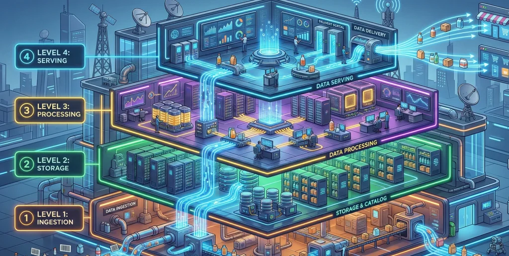 A professional 3D isometric cutaway illustration of a futuristic "Data Factory" with four glowing levels. The structure is organized into Level 1: Ingestion, Level 2: Storage, Level 3: Processing, and Level 4: Serving. Each level is connected by neon blue streams of liquid light. Small icons of retail products like bottles and boxes are seen moving through the factory levels, being transformed as they ascend. The design is clean and high-tech, featuring data servers, digital dashboards, and a sleek, industrial aesthetic.