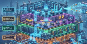 A professional 3D isometric cutaway illustration of a futuristic "Data Factory" with four glowing levels. The structure is organized into Level 1: Ingestion, Level 2: Storage, Level 3: Processing, and Level 4: Serving. Each level is connected by neon blue streams of liquid light. Small icons of retail products like bottles and boxes are seen moving through the factory levels, being transformed as they ascend. The design is clean and high-tech, featuring data servers, digital dashboards, and a sleek, industrial aesthetic.
