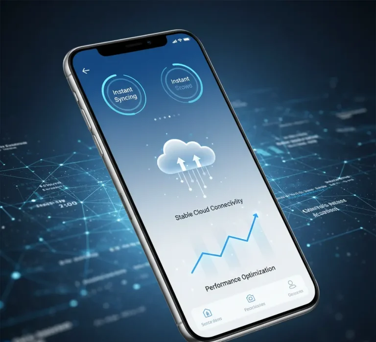 A futuristic smartphone displaying cloud syncing and performance optimization graphics against a glowing digital network background.