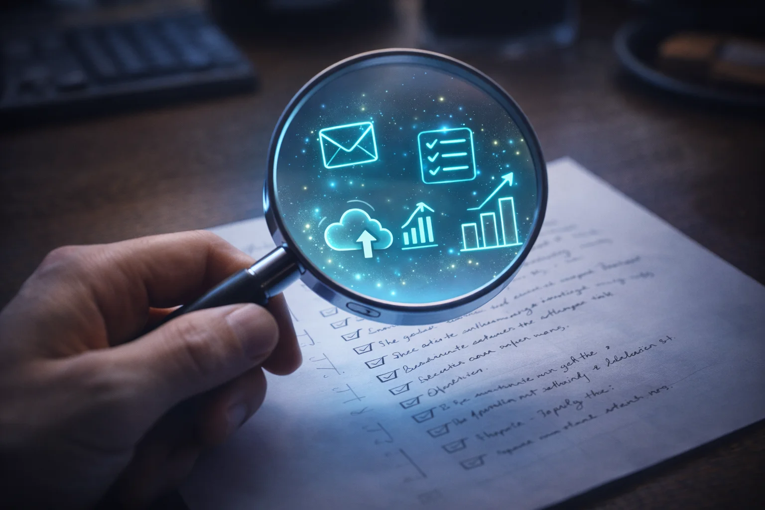 Close-up photo of a hand holding a sleek magnifying glass over a handwritten to-do list on a desk. Inside the lens, the messy tasks are transformed into clean, glowing digital icons such as an email envelope, checklist, cloud upload, and growth chart. The scene symbolizes filtering, clarity, and identifying automation opportunities.