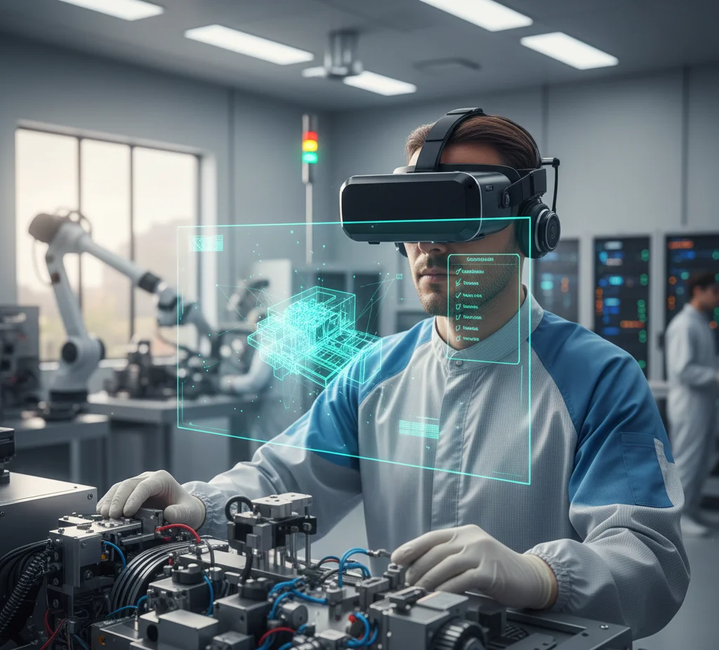 A technician in a high-tech cleanroom using AR/VR Software Solutions for Enterprise to view a glowing 3D digital twin and checklist while inspecting complex industrial machinery.