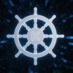A high-quality 3D render of the Kubernetes steering wheel logo in matte white with glowing neon blue edges. The logo is centered and floating in a dark, cinematic space with soft blue digital particles and a bokeh background.