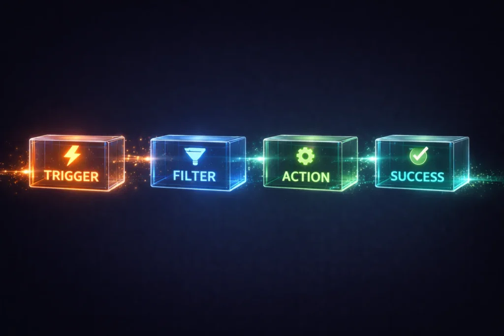 Horizontal 3D infographic showing four glowing glass blocks arranged from left to right labeled “TRIGGER,” “FILTER,” “ACTION,” and “SUCCESS.” Each block glows in neon colors against a dark background, with bright particles flowing between them to illustrate a smooth automated process from start to completion.