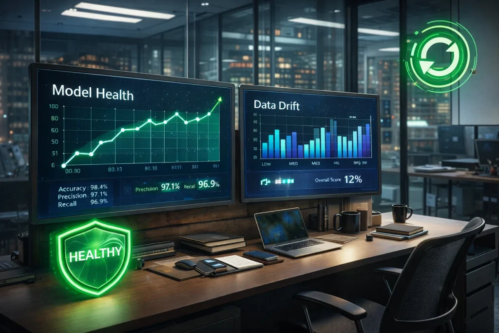 A sleek, modern office workspace at night featuring two large monitors on a wooden desk displaying “Model Health” and “Data Drift” dashboards with glowing green and blue graphs. A bright green “Healthy” shield icon glows in the lower corner, and a circular rollback symbol appears in the upper right. The desk includes a laptop, notebooks, and coffee mugs, with a glass wall revealing a city skyline in the background.