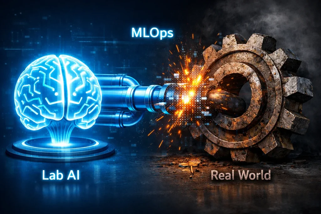 A professional 3D graphic showing a glowing blue brain labeled “Lab AI” on the left and a large, weathered industrial gear labeled “Real World” on the right. Bright blue pipelines labeled “MLOps” connect the brain to the gear. Where the pipes meet the gear, orange sparks and digital glitch effects appear, symbolizing model drift and real-world deployment challenges.