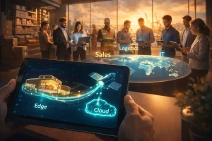A panoramic scene of a modern supply chain collaboration space at sunset. In the foreground, a tablet displays a real-time digital connection between a warehouse labeled “Edge” and a glowing satellite labeled “Cloud,” with bright data streams flowing between them. In the background, diverse professionals from Sales, Logistics, and IT stand around a holographic world map, reviewing tablets and discussing strategy. Warm golden lighting fills the room, symbolizing unity, collaboration, and growth.
