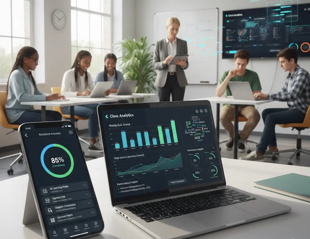A digital classroom scene featuring a smartphone and laptop displaying learning analytics in the foreground, with students and a teacher using devices in a bright, modern setting.