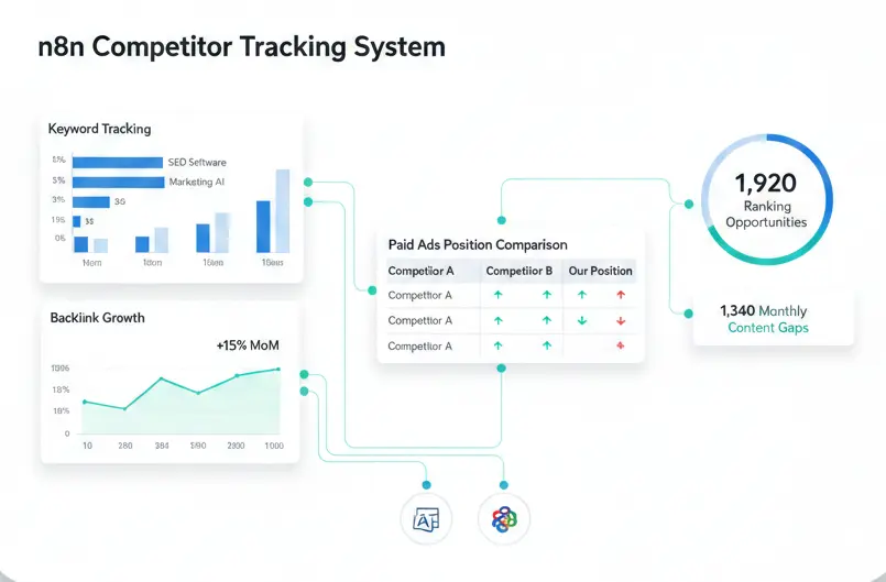 A clean, modern B2B SaaS dashboard showing a competitor tracking automation workflow with charts, data tables, and integration icons on a white card.
