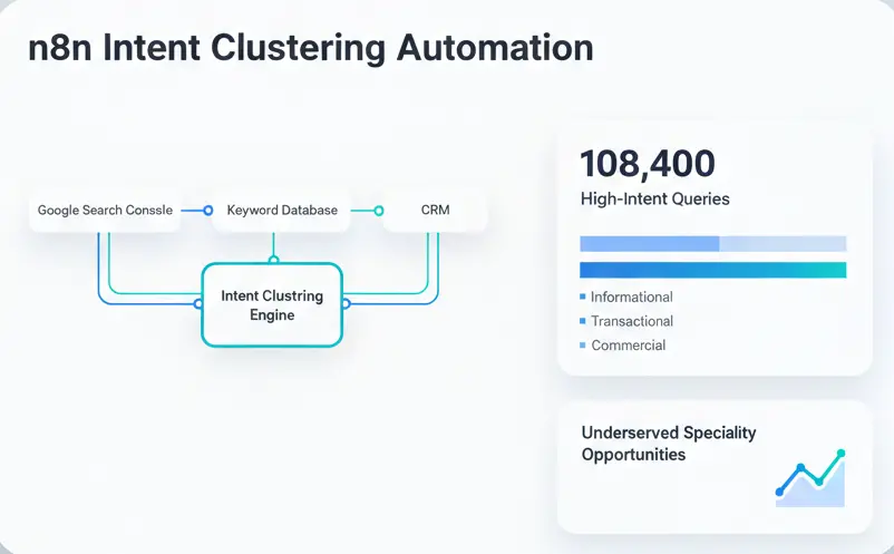 A professional SaaS dashboard mockup featuring an intent clustering workflow and data analytics cards in a clean, minimal B2B style.