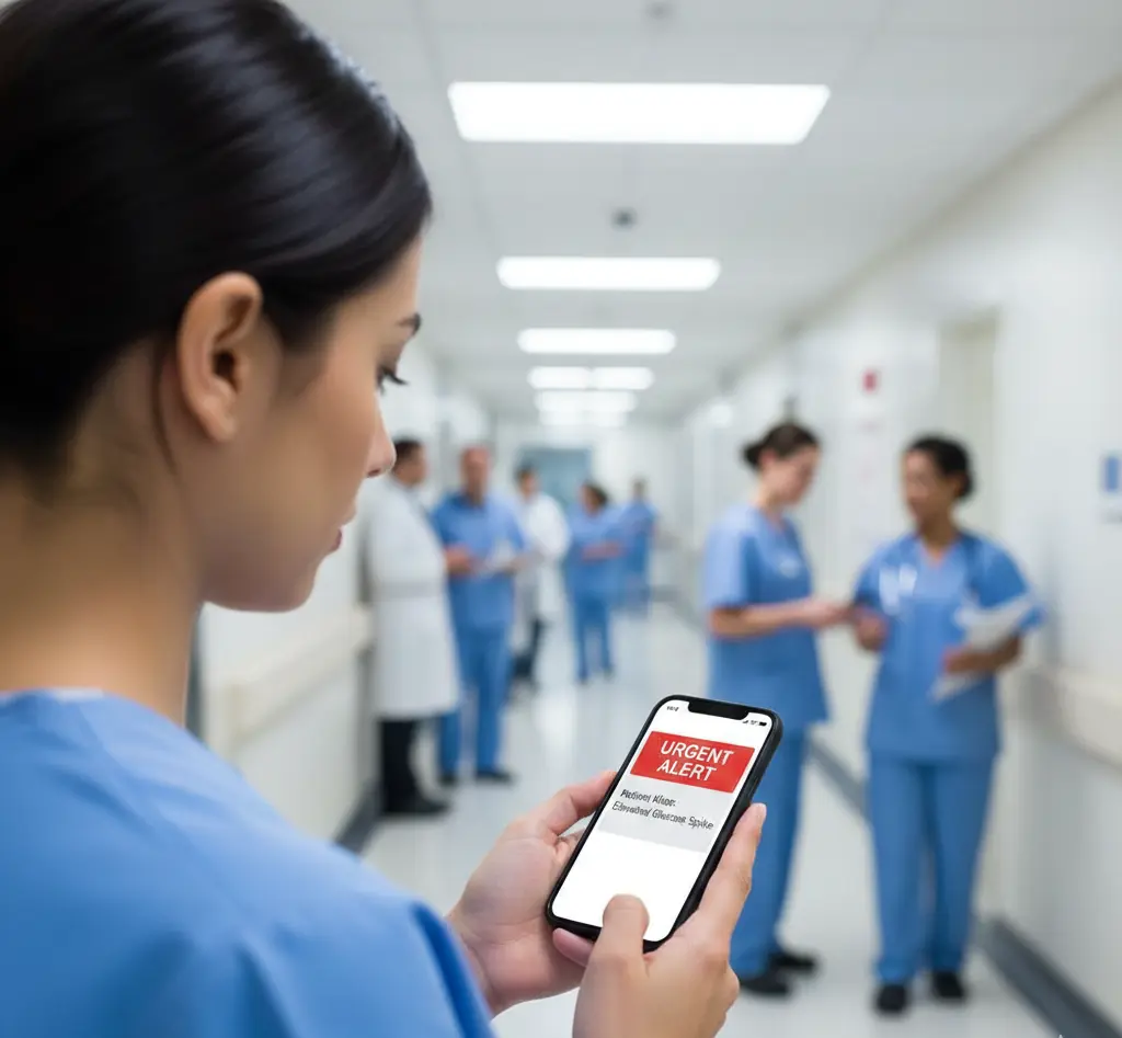 A nurse in a hospital hallway looking at an urgent medical alert on a mobile device.