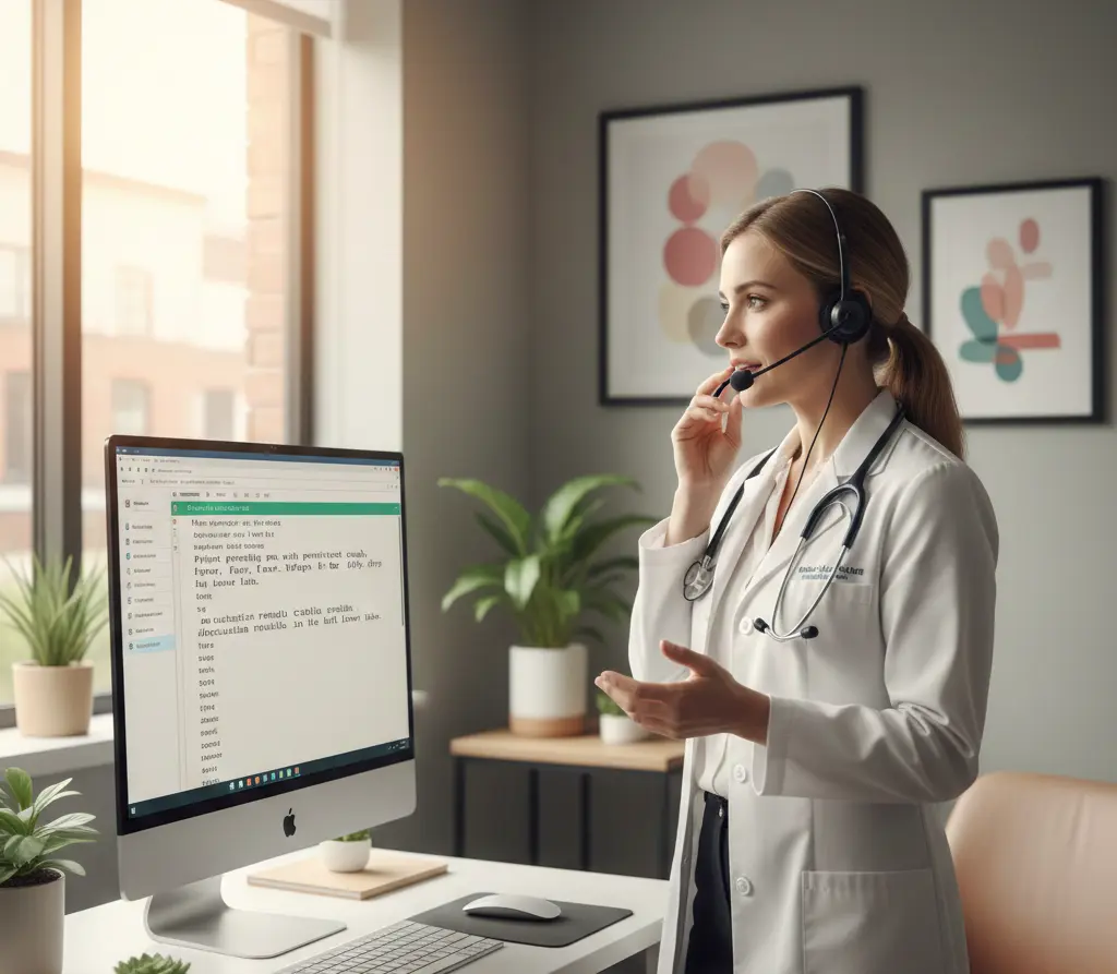 medical speech recognition a Female doctor in a lab coat using a headset to dictate patient notes into an EHR system on a computer screen.