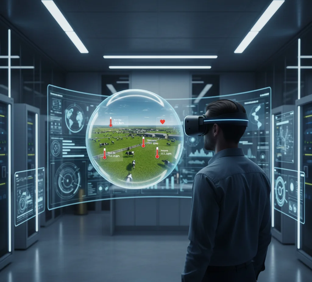 A person in a modern, sterile tech lab wearing a sleek VR headset. A digital bubble overlay shows their perspective: a 3D digital twin of a dairy farm. Above the cows in the pasture, glowing icons display real-time health data like heart rates and temperatures. The background shows server racks and data visualizations in a soft-lit laboratory.