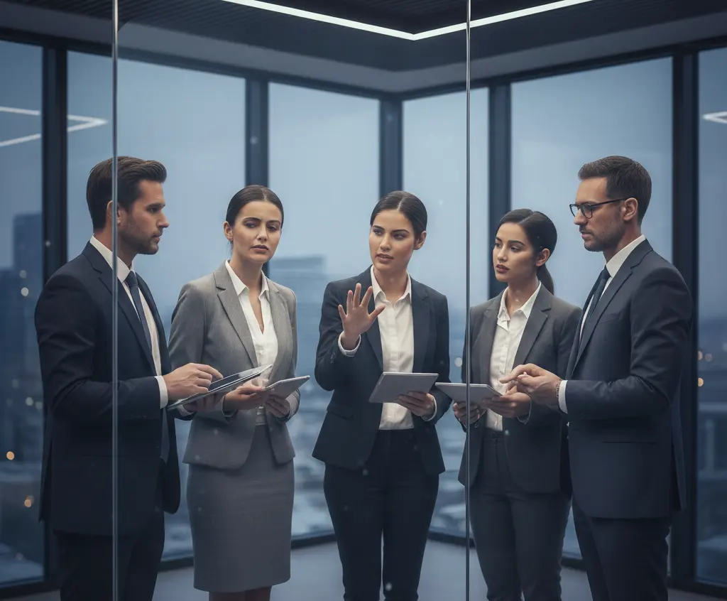 A diverse business team in formal attire discussing strategy in a modern glass-walled office at night