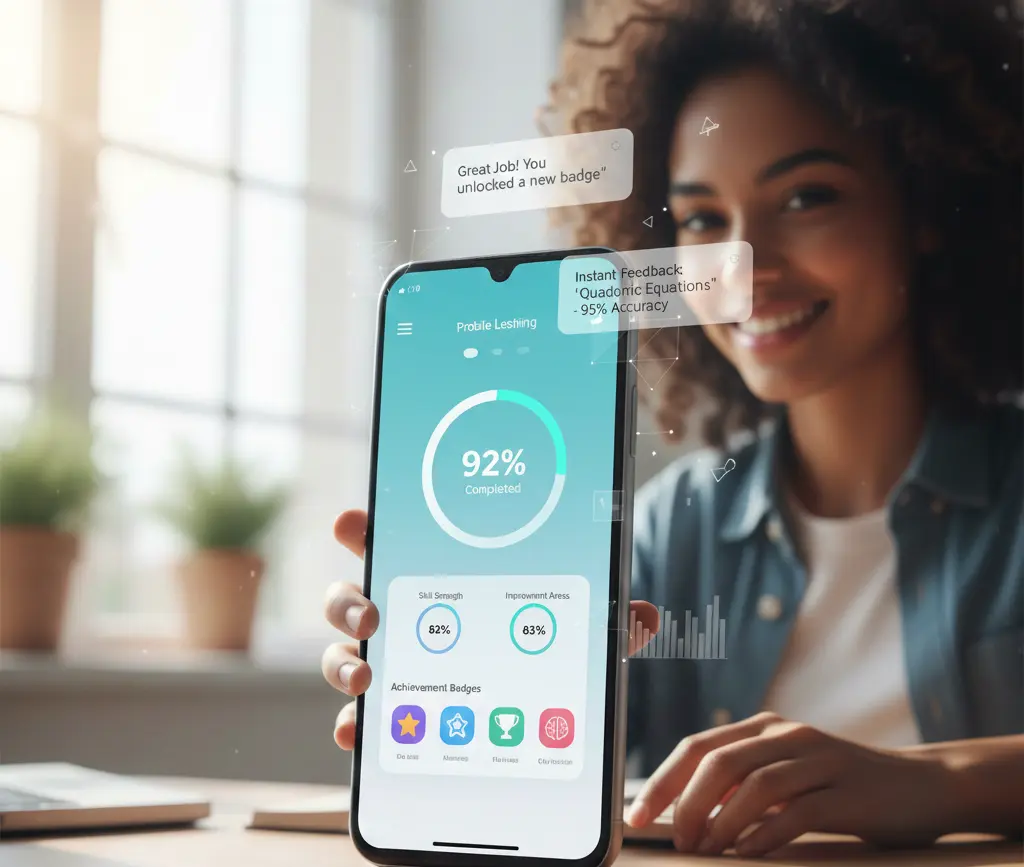 A student holding a smartphone showing a 92% completion rate, achievement badges, and floating feedback notifications in a sunlit room.