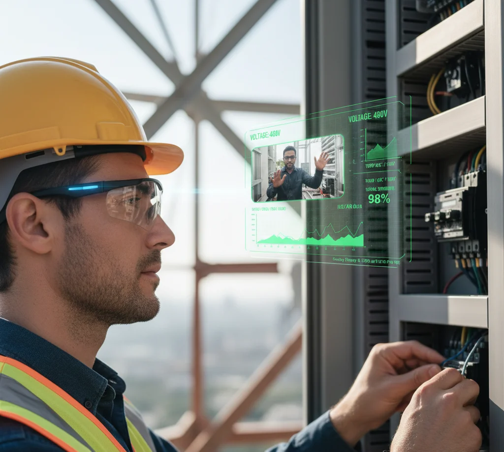 A side profile of a field engineer using AR/VR Software Solutions for Enterprise to receive remote expert assistance. The AR glasses display a live video feed and green IoT data overlays for voltage and temperature while he works on an electrical panel.