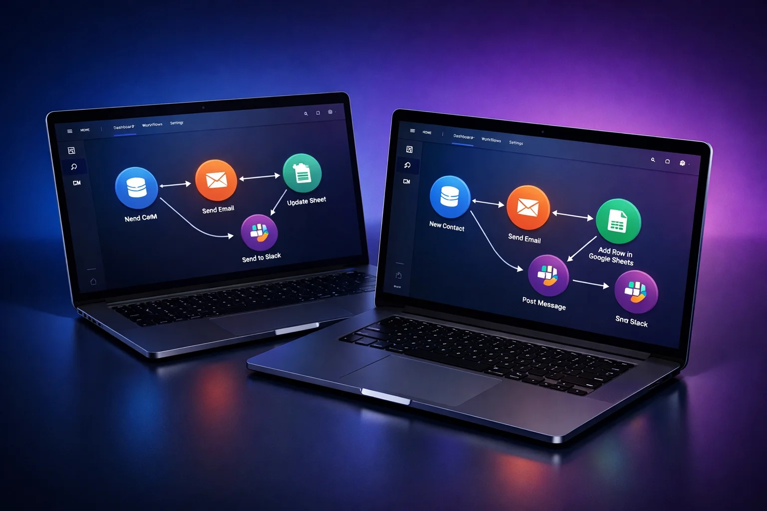 Two sleek laptops in a 3D isometric view display a modern automation workflow interface with interconnected CRM, email, Slack, and Google Sheets nodes on a deep blue and purple gradient background.