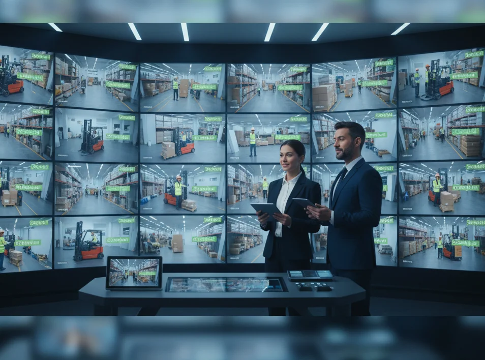 A wide-angle 16:9 photo of two safety managers in a sleek, modern control room with soft blue lighting. They are looking at a massive wall of CCTV monitors displaying various warehouse angles, with green "Compliant" text overlays on workers, representing real-time AI safety verification.