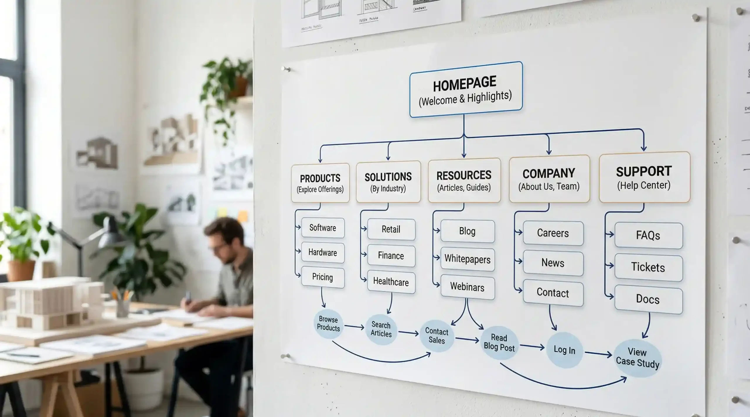 A clean, professional sitemap diagram displayed on a whiteboard in a bright office. The diagram shows a "Homepage" branching into five clear categories: Products, Solutions, Resources, Company, and Support. Smooth blue arrows illustrate a simplified, user-centric navigation flow, contrasting with the previous chaotic design to show an organized digital architecture.