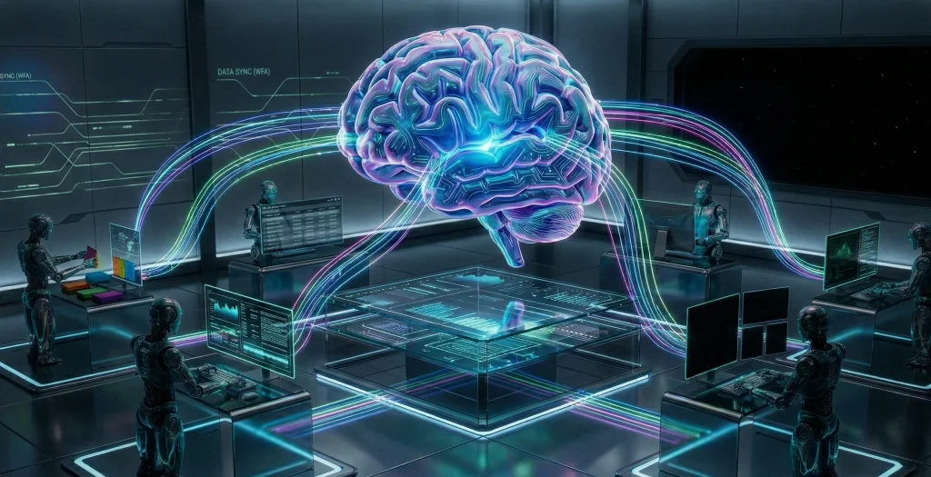 A visual metaphor of Workflow Automation as a central brain orchestrating and controlling a team of specialized RPA robots, ensuring unified operations and optimized Business Process Management.
