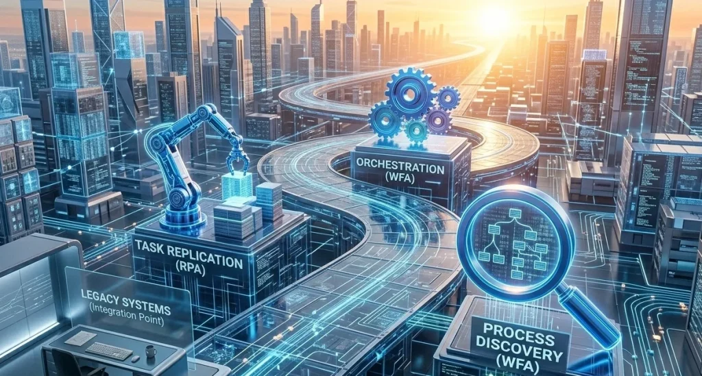 A strategic digital roadmap illustrating the integration of Legacy Systems, RPA, and Workflow Automation (WFA) as milestones for a successful business digital transformation.