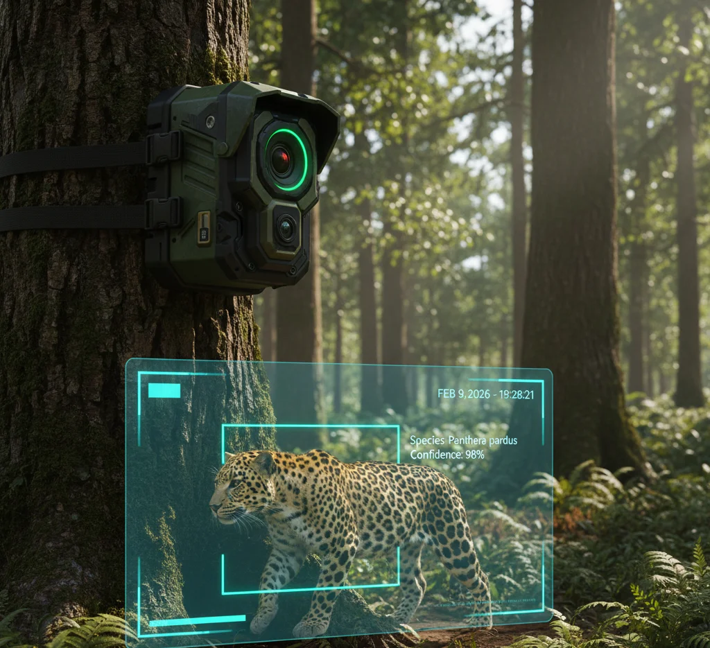 A close-up of a high-tech, olive-drab outdoor camera trap mounted on a mossy tree trunk in a lush, sun-drenched forest. The camera features a glowing green ring around the lens. In the foreground, a semi-transparent digital HUD identifies a leopard walking by with a bounding box and text reading "Species: Panthera pardus - Confidence 98%."