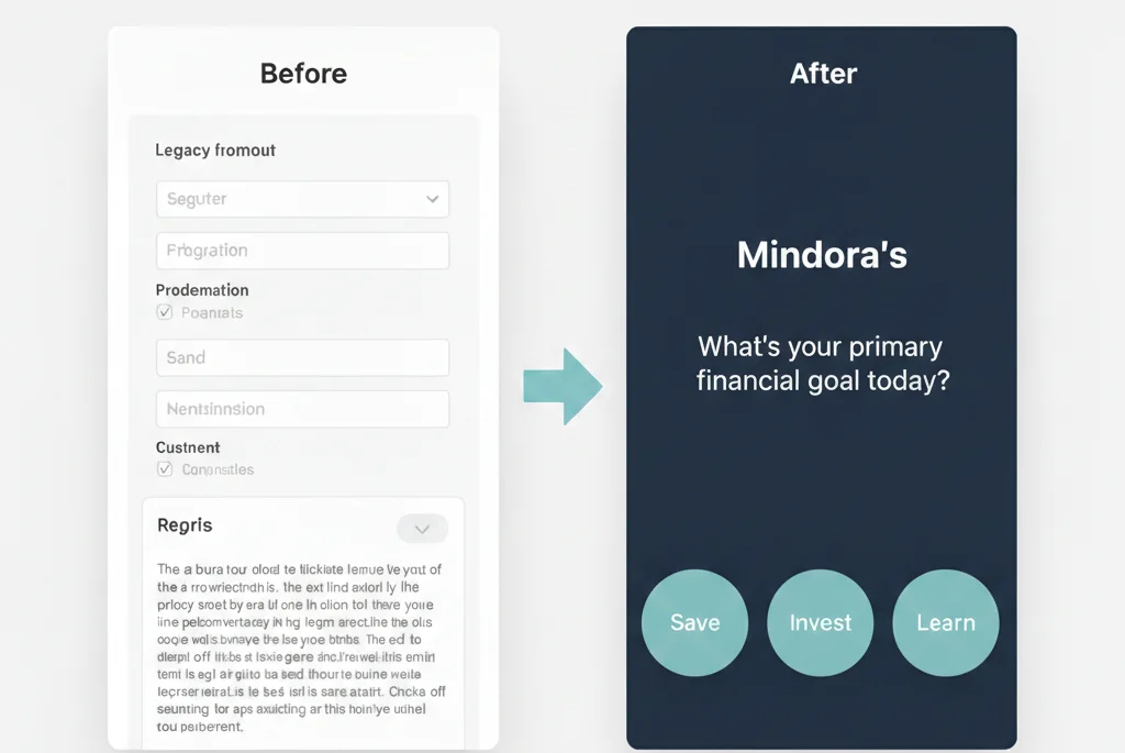A UI comparison showing a simplified therapy onboarding flow compared to a cluttered legacy interface.