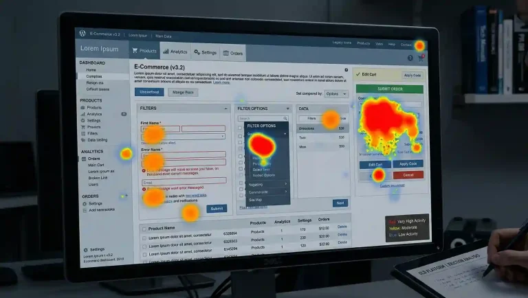 A close-up of a desktop monitor displaying a "Legacy" e-commerce dashboard. A colorful heat-map overlay highlights areas of intense user activity with bright red, orange, and yellow blobs. Large red "hot spots" are concentrated over confusing navigation menus and non-interactive text, indicating high-friction areas where users are clicking out of frustration or confusion.