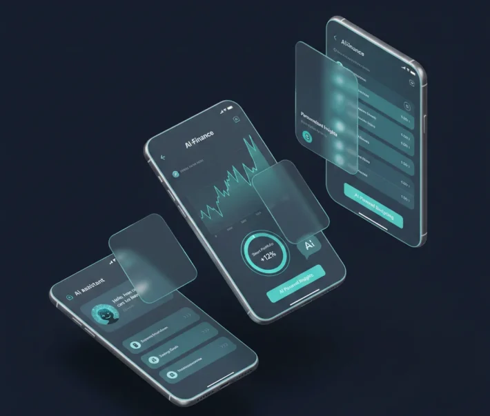 A 3D isometric mockup showing three floating smartphone screens with a redesigned AI-driven finance app interface, featuring clean dashboards and financial data visualizations on a dark background.
