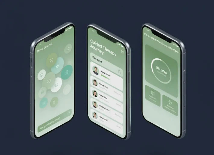 A 3D isometric view of three smartphone screens showing a redesigned mental health app interface with mood tracking, therapy sessions, and wellness dashboards